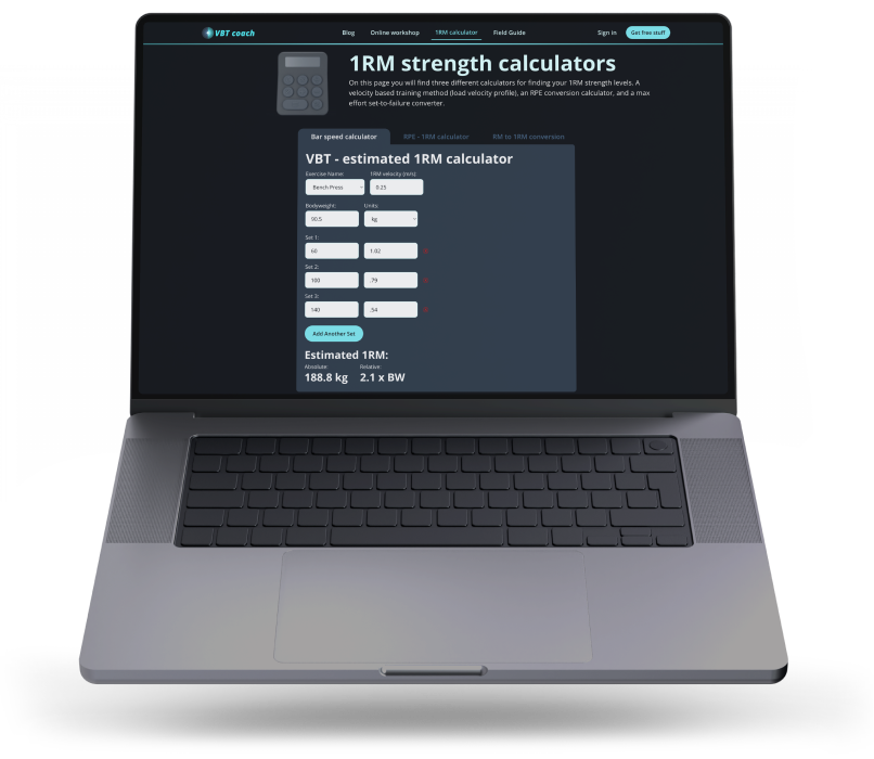 The free VBTcoach 1RM calculator. Estimate your strength levels in real-time using VBT, RPE and the sets to failure method.