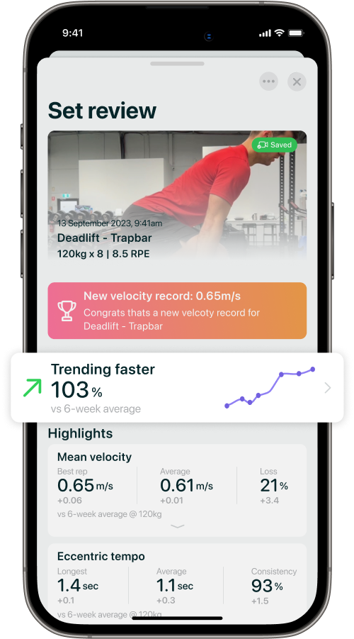 Bar speed tracking app Metric with the Trends readiness statistic highlighted.