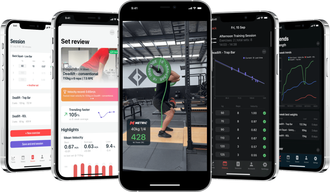 Screenshots from the Metric barbell velocity tracking app