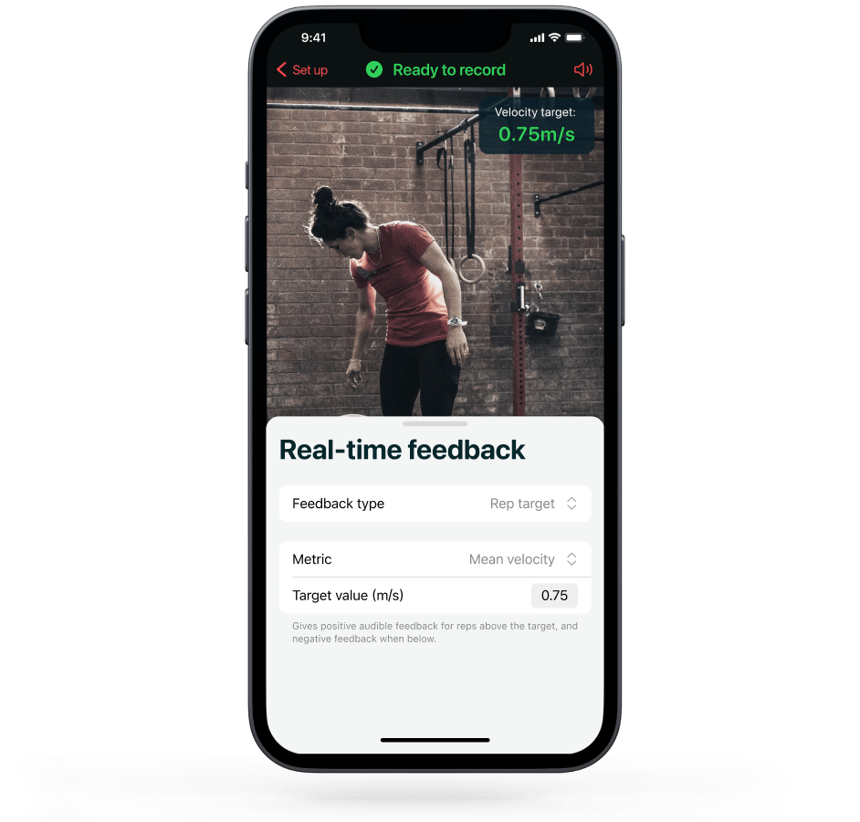 Phone showing the Metric app set up for real-time rep target feedback at 0.75 m/s