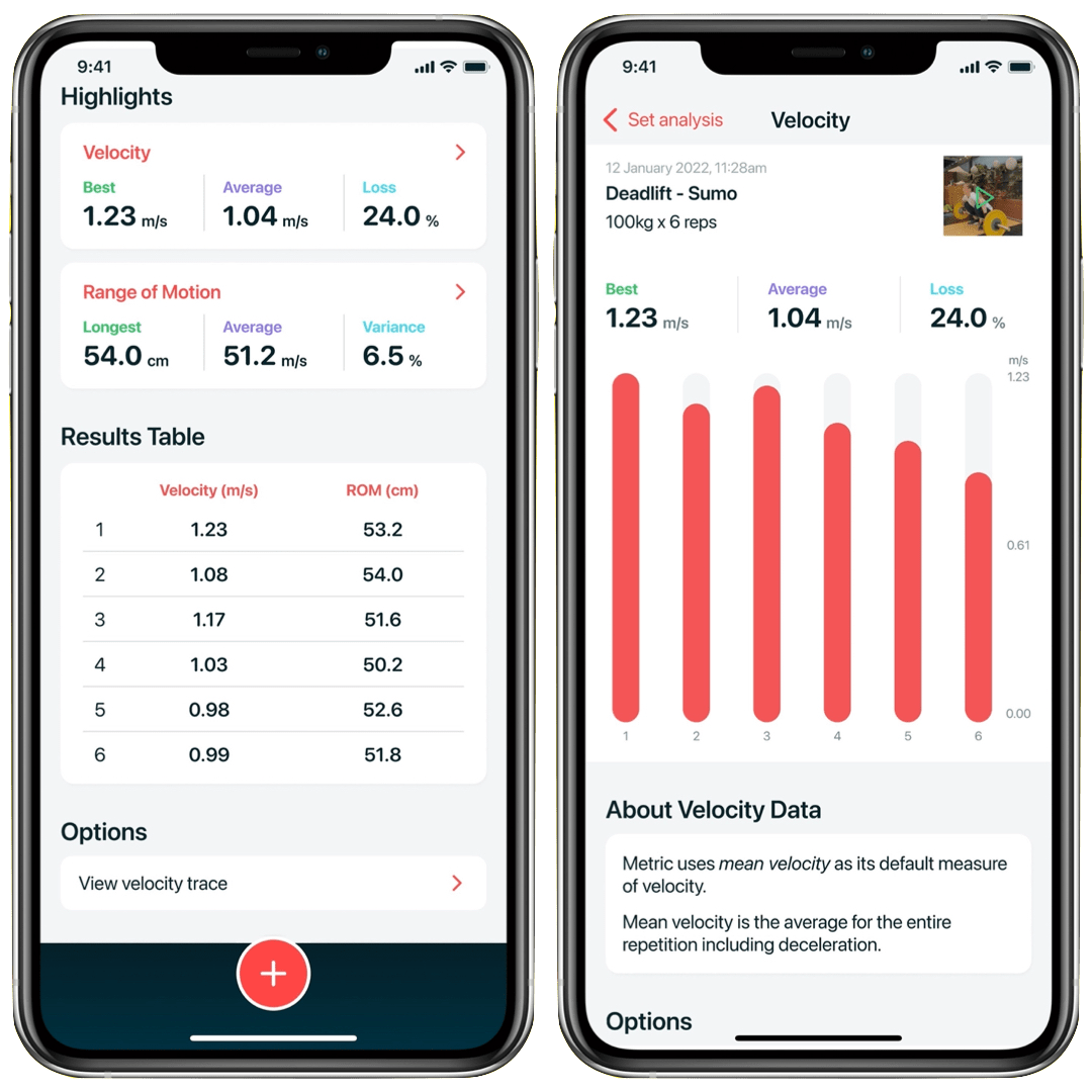 Metric app - velocity based training data in a chart and table view