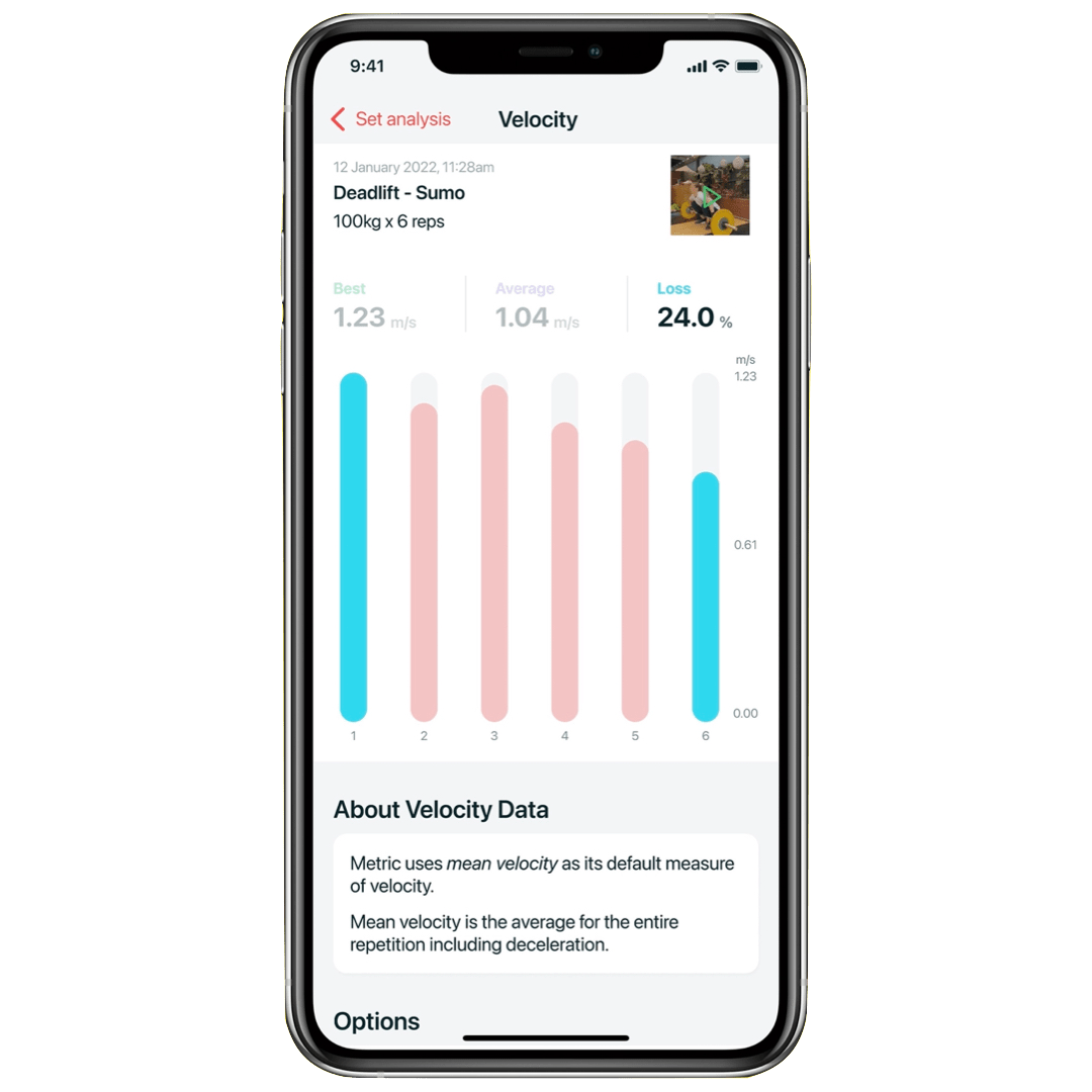 Metric app displaying velocity loss across a set