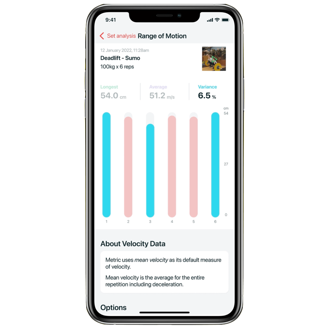 Metric app displaying range of motion variance