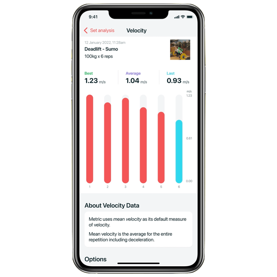 Metric app displaying last rep velocity