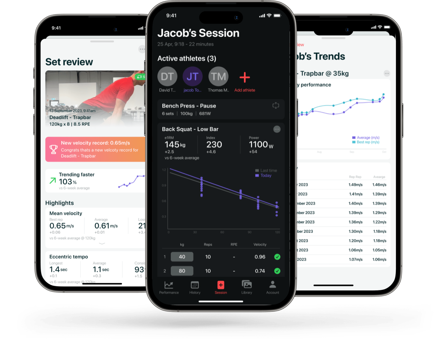 Screenshots from the Metric app showing the performance tracking and velocity based training features.