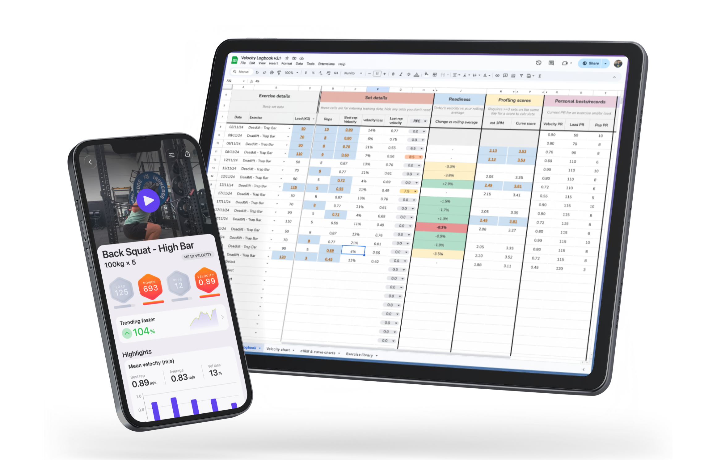 Velocity Logbook spreadsheet shown on a tablet and phone