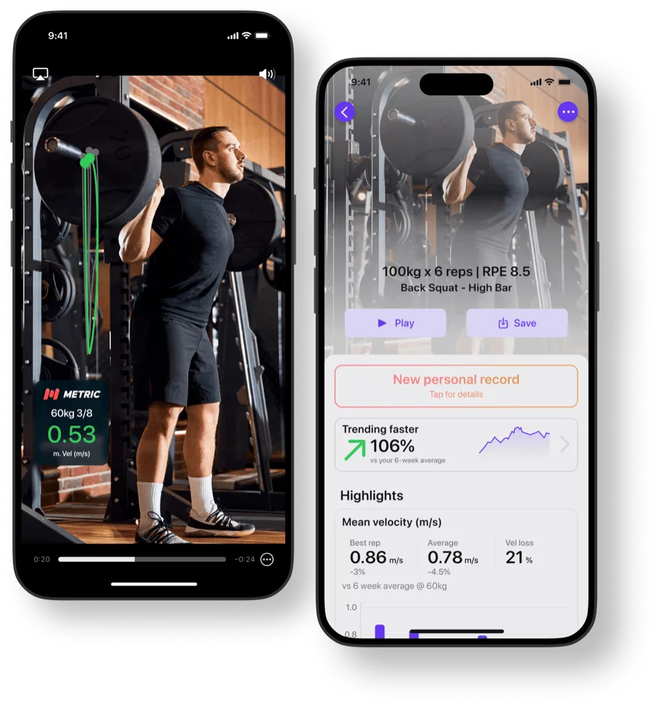 Metric on iOS — live capture screen and post-set summary with velocity loss