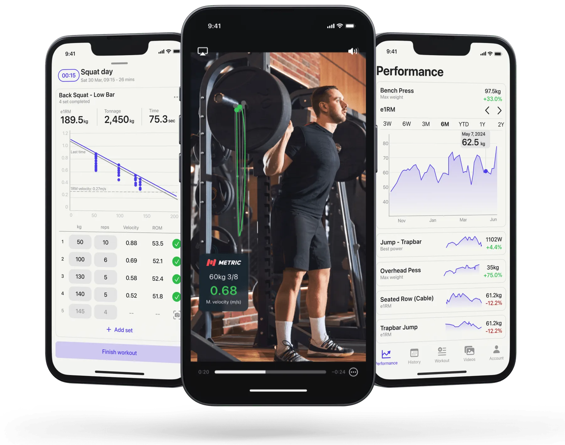 Metric — three views: workout tracking, live velocity capture, performance analytics